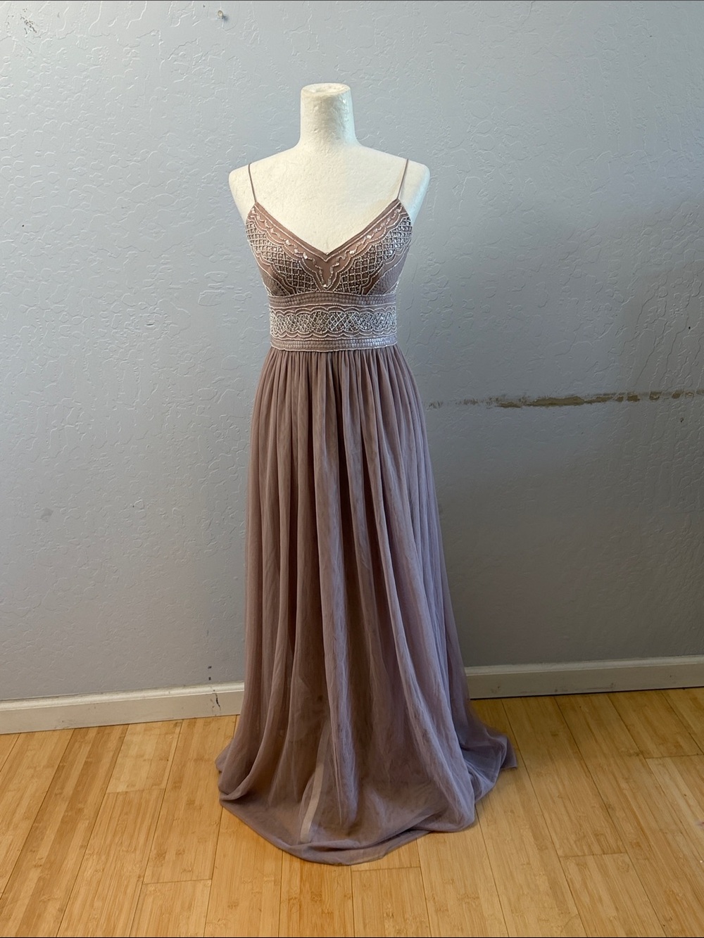 Adrianna Papell Dusty Rose Lace-Bodice Spaghetti Strap Maxi Dress